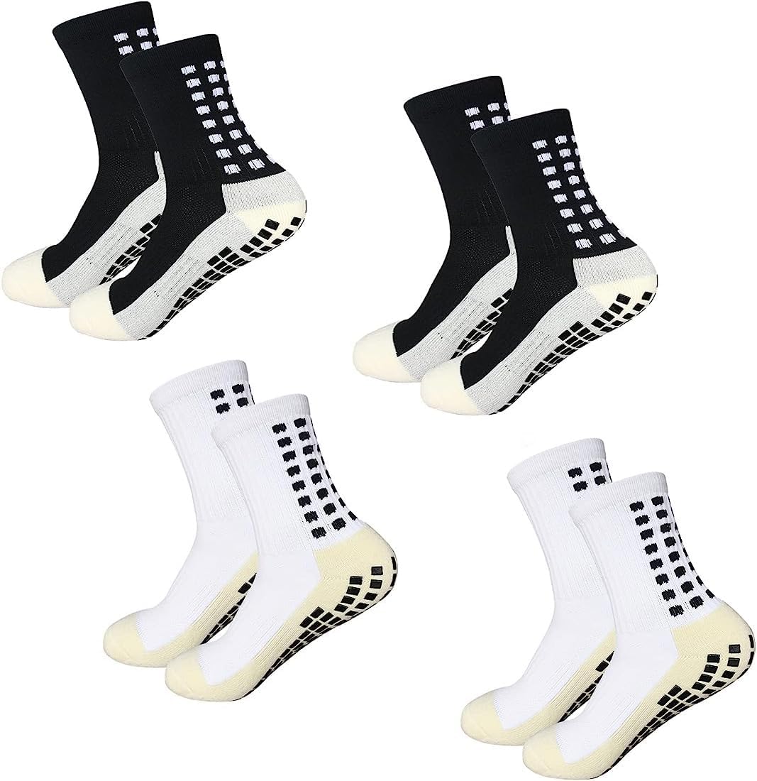 Men's Soccer Socks Anti Slip Non Slip Grip Pads for Football Basketball Sports Grip Socks, 4 Pair