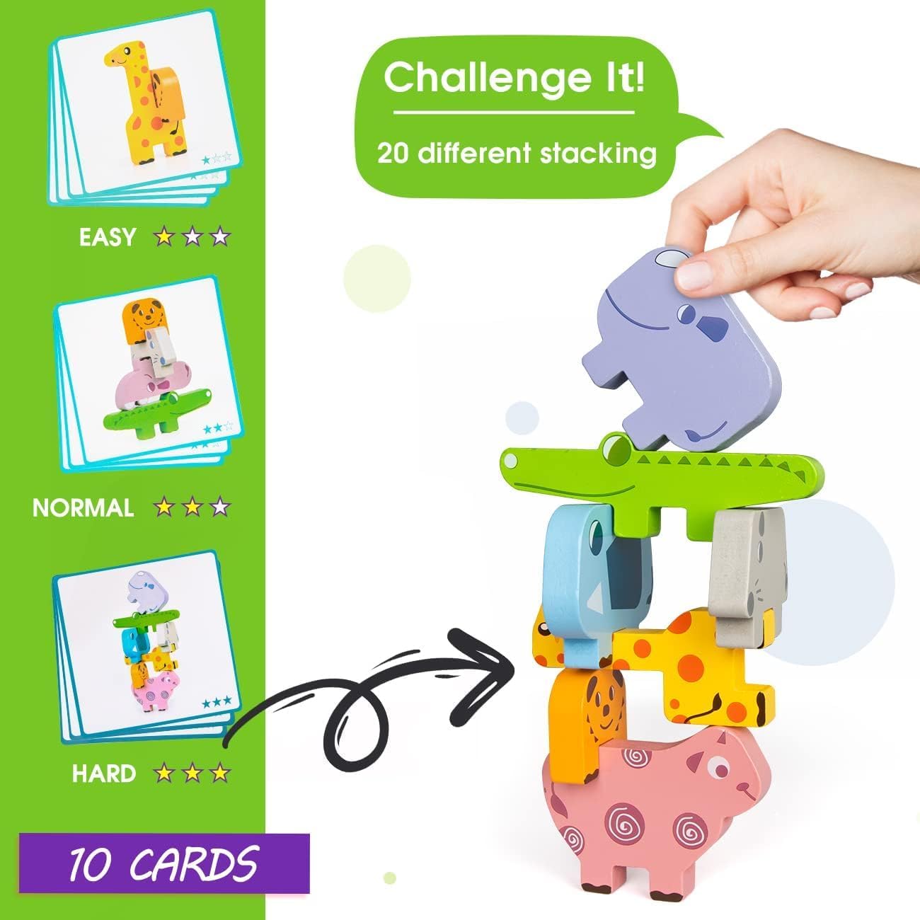 XICEN Montessori Toys for 2-4 Year Olds, 10 Wooden Animal Blocks, Animal Color Sorting and Stacking Toys for Toddlers 2-4 Years Old, for Girls Boys.