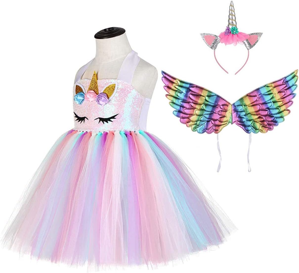 Girls Unicorn Princess Tutu Dress Unicorn Headband Wings Set for Girls Birthday Party, Carnival Unicorn Costume, Unicorn Themed Dress Up Occasions, Dress + Headband + Wings