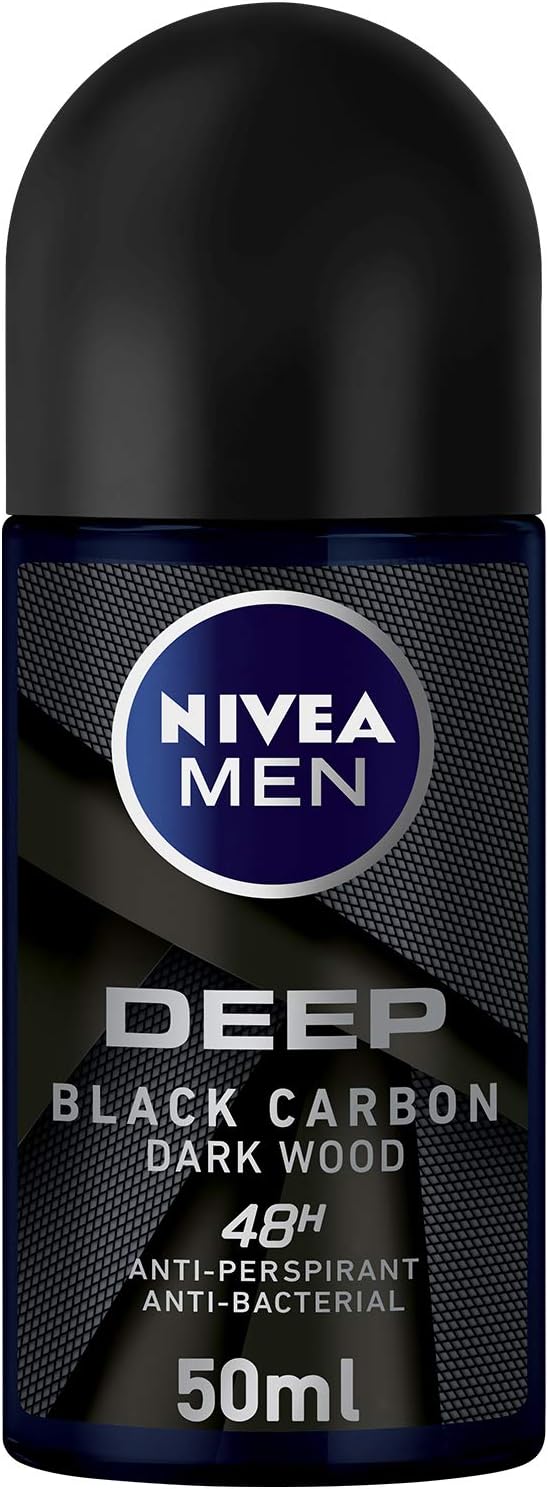 NIVEA MEN Antiperspirant Roll-on for Men, 48h Protection, DEEP Black Carbon Antibacterial, Woody Scent, 50ml