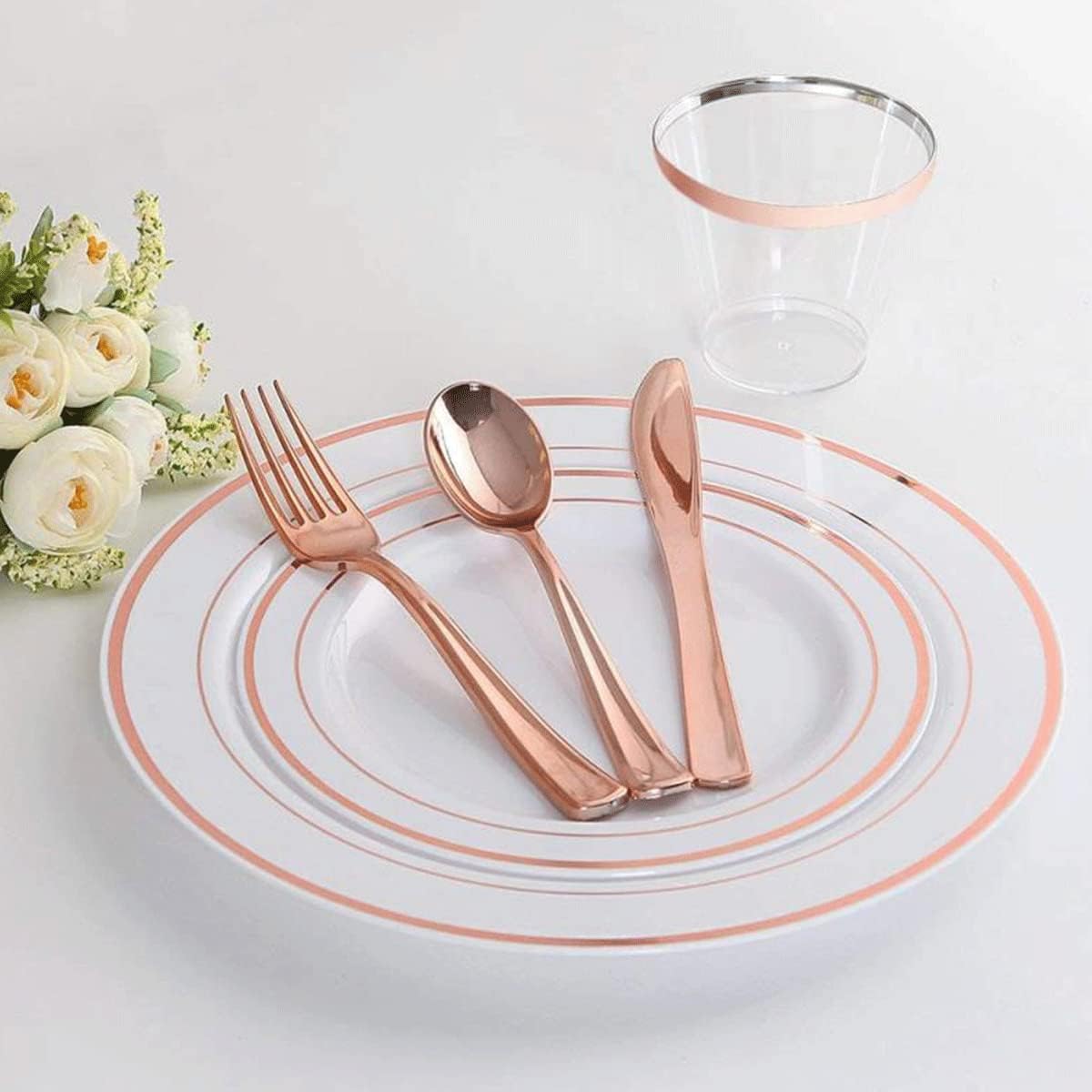 Beauenty 150Pcs Rose Gold Party Supplies Party Tableware Party Disposable Plastic Cutlery Set, Party Supplies Plate, Spoon,cup,Cutlery-25 Guests