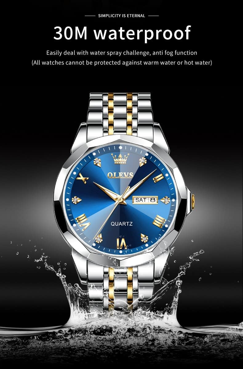 OLEVS Watch for Men Waterproof Blue Dial Mens Dress Watches Luxury Two Tone Stainless Steel Wrist Watch with Day Date, Fashion Classic Classic Sports Quartz Watch Big Face…