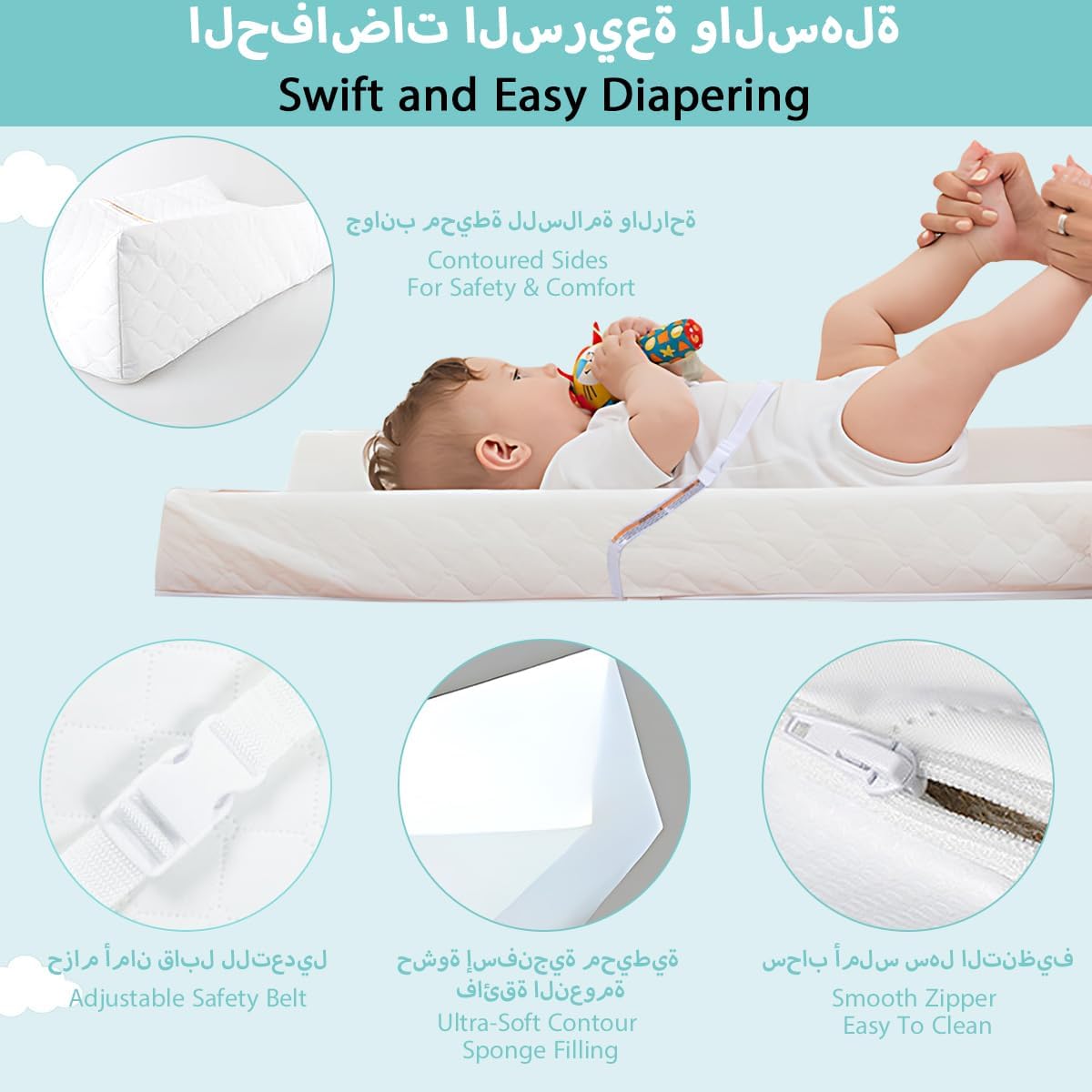 Baby Changing Pad Infant Diaper Changing Table Pad Cover, Dot Washable Soft Breathable Contoured Pad Waterproof Non-Slip Change Mat Sheet with Safety Strap, Gift for Baby Boy Girl Dresser Tops, White