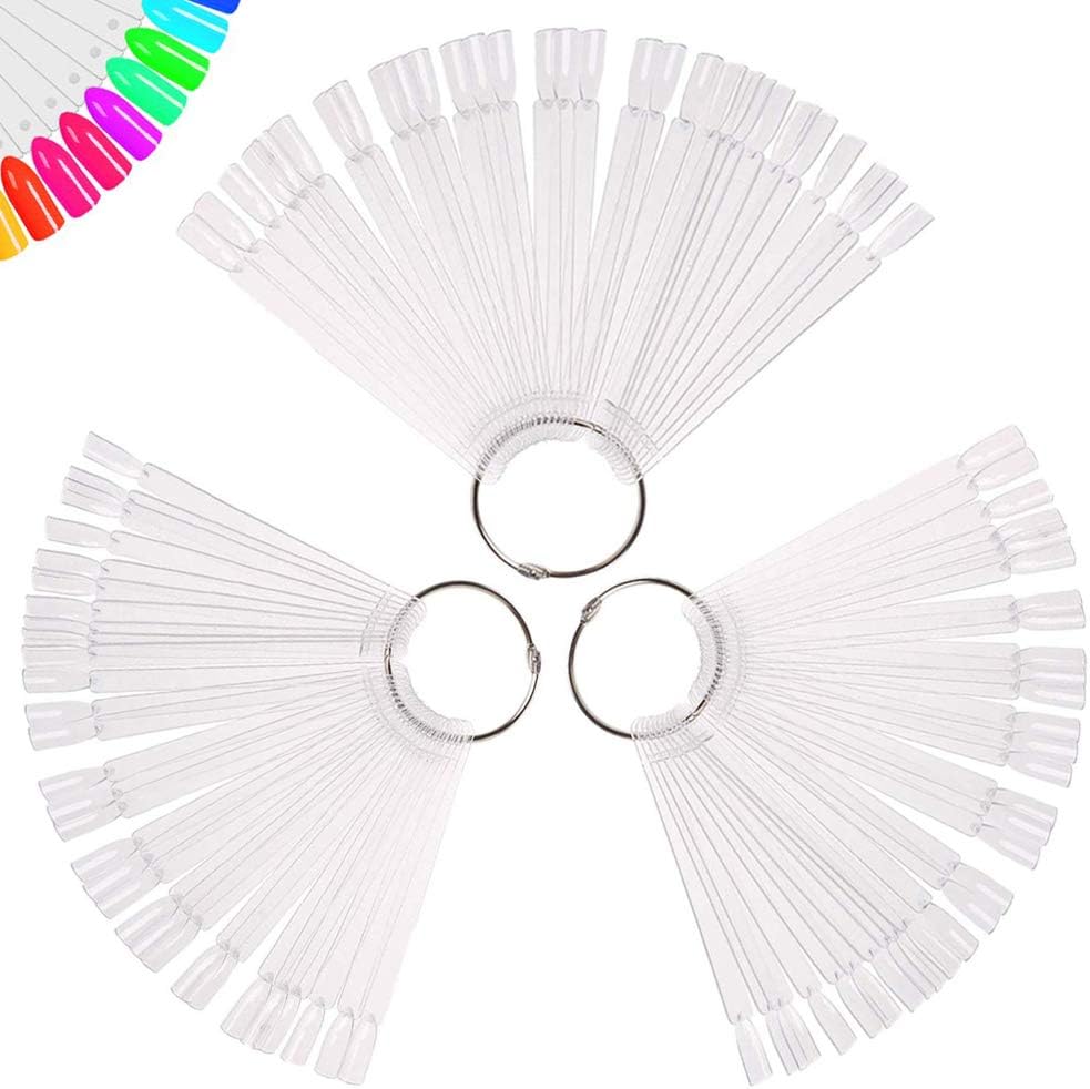150 Pcs Clear Nail Swatch Sticks with Ring, Fan Shape Nail Art Tips, False Nail Sample Sticks, Nail Practice Color Display, Transparent Board for Nail