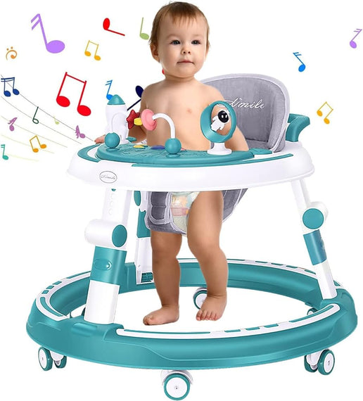 TDOO 4 in 1 Baby Walker, Multifunctional Height Adjustable Baby Walker, Stroller with Removable Music Tray Toys | Foot Pads | Learning Seat Swivel Wheels Safe and Comfortable for 6-18 Months