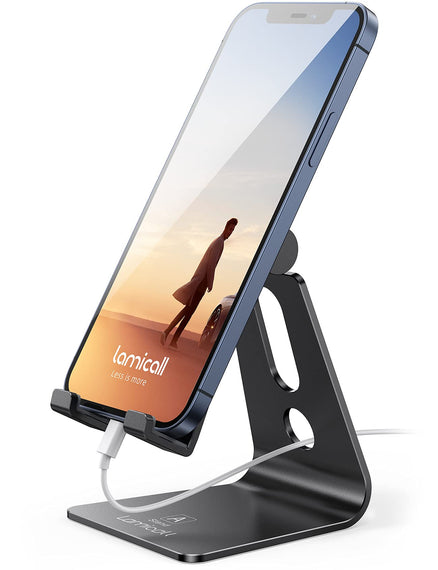 Phone Stand, Lamicall Adjustable Mobile Stand Holder - Desk Cell Phone Stand, Dock, Compatible with iPhone 15 14 13 12 11 Pro Max XR XS, Galaxy S23 S22 S21, Switch and More 4-8" Devices - Black