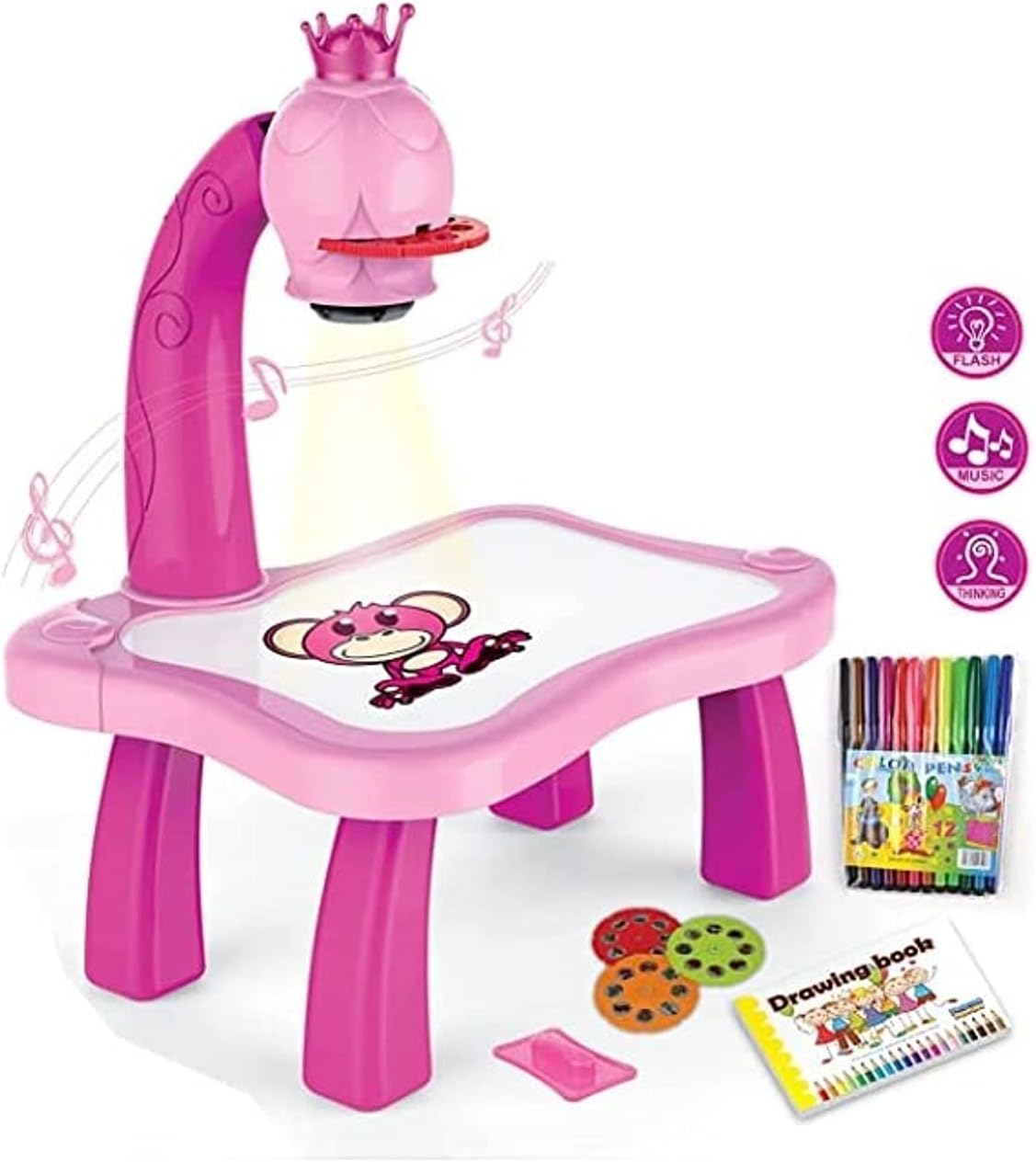 Drawing Projector Table for Kids Painting Table Toy Trace and Draw Projector Toy Painting Table Board Toy with Light & Music Educational Drawing Toys for Toddler Boys Girls – Pink Color