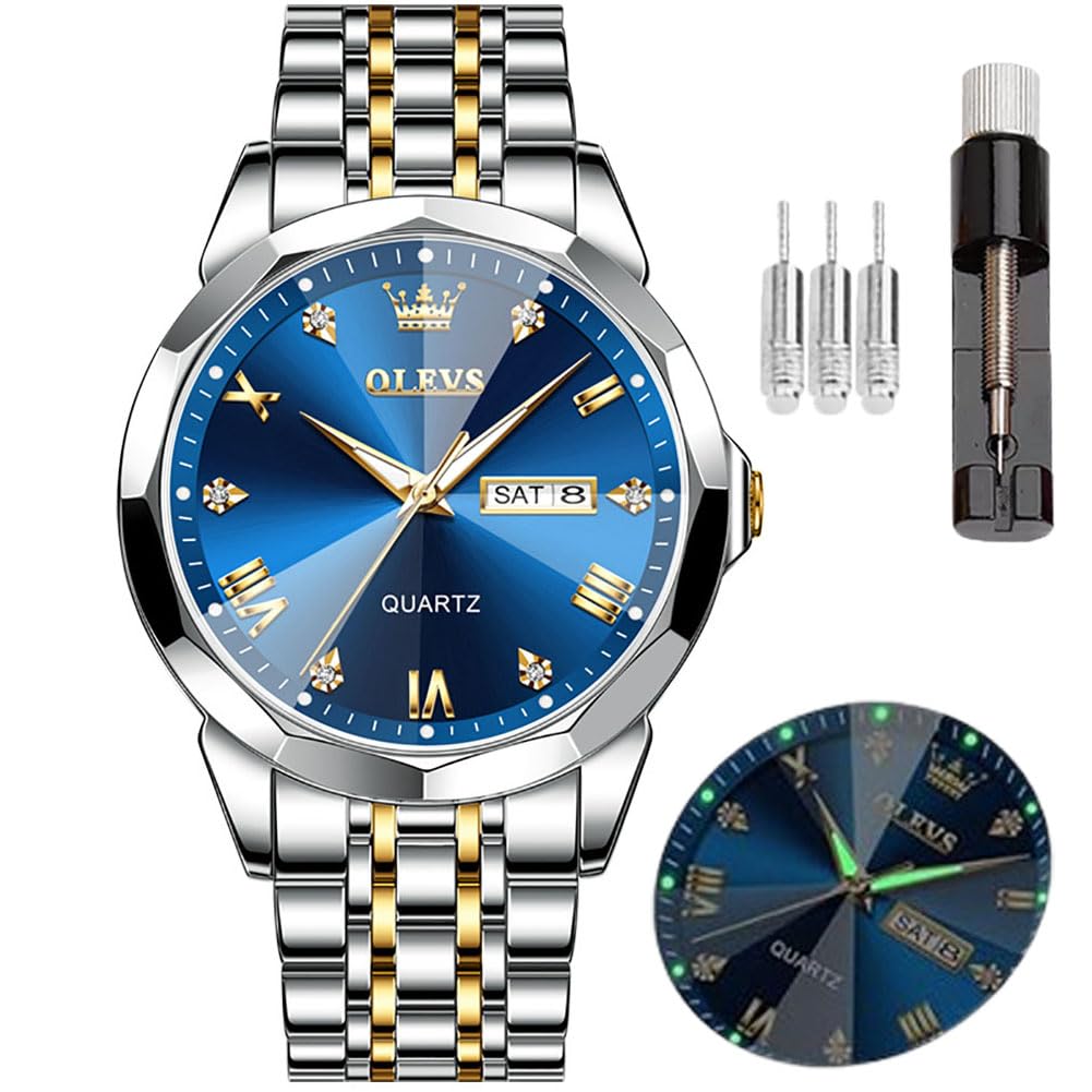 OLEVS Watch for Men Waterproof Blue Dial Mens Dress Watches Luxury Two Tone Stainless Steel Wrist Watch with Day Date, Fashion Classic Classic Sports Quartz Watch Big Face…