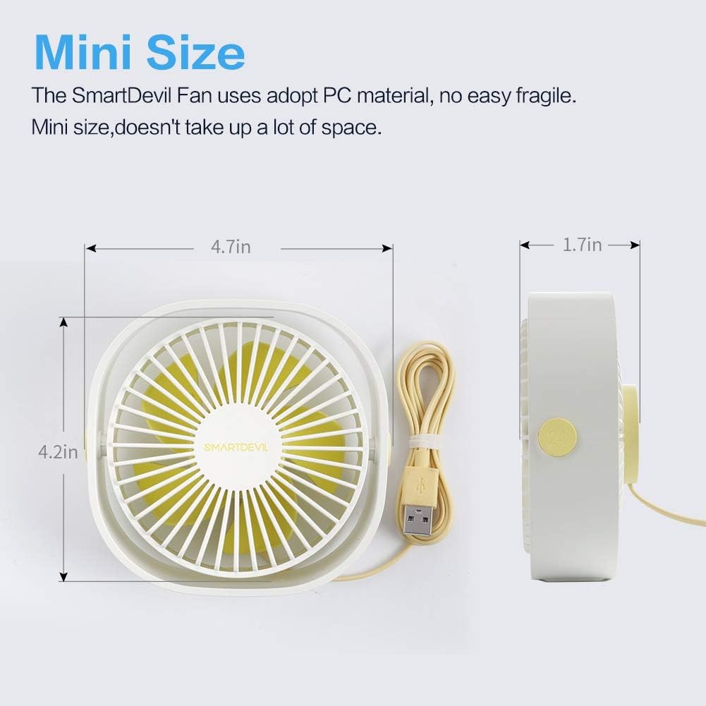 SmartDevil Small Personal USB Desk Fan,3 Speeds Portable Desktop Table Cooling Fan Powered by USB,Strong Wind,Quiet Operation,for Home Office Car Outdoor Travel（white）