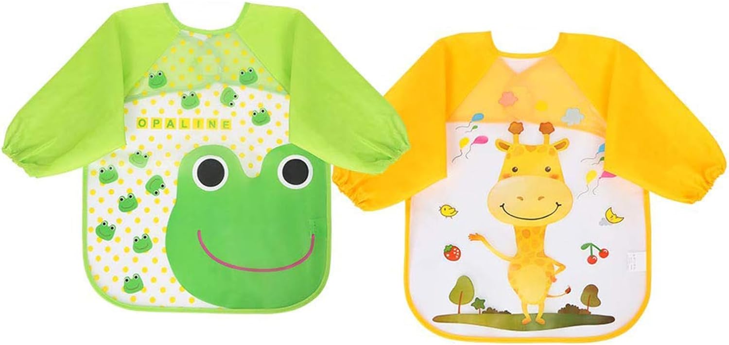 UNIONDIVE Bibs with Sleeves,4 Pcs Waterproof Long Sleeve Bib Unisex Feeding Bibs Apron for Infant Toddler 6 Months to 3 Years Old