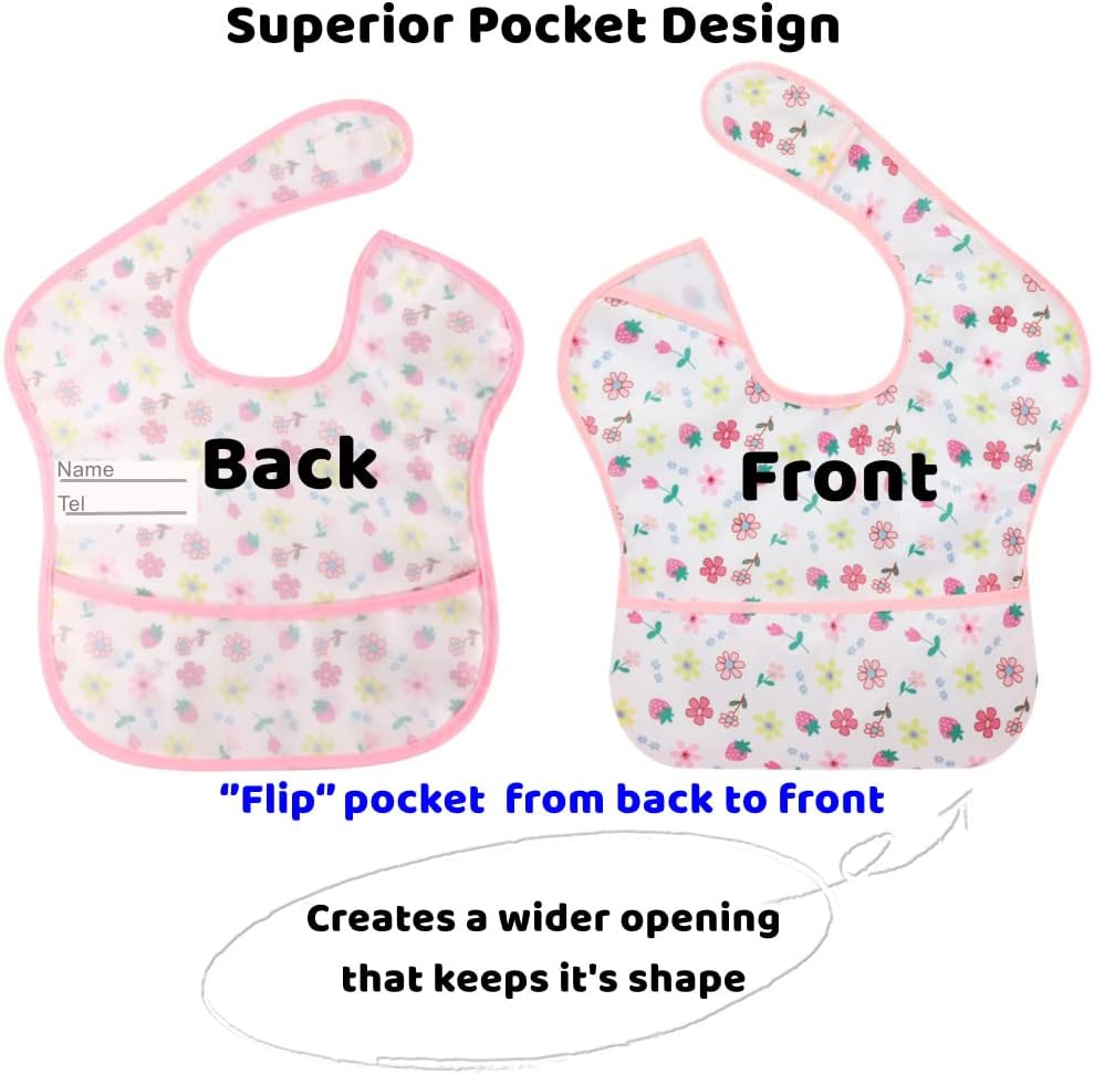 Baby bibs Waterproof Feeding Bibs with Crumb Catcher Pocket 4pcs Wipeable Stain Soft Adjustable Snaps bibs For Infants and Toddlers(Color2)