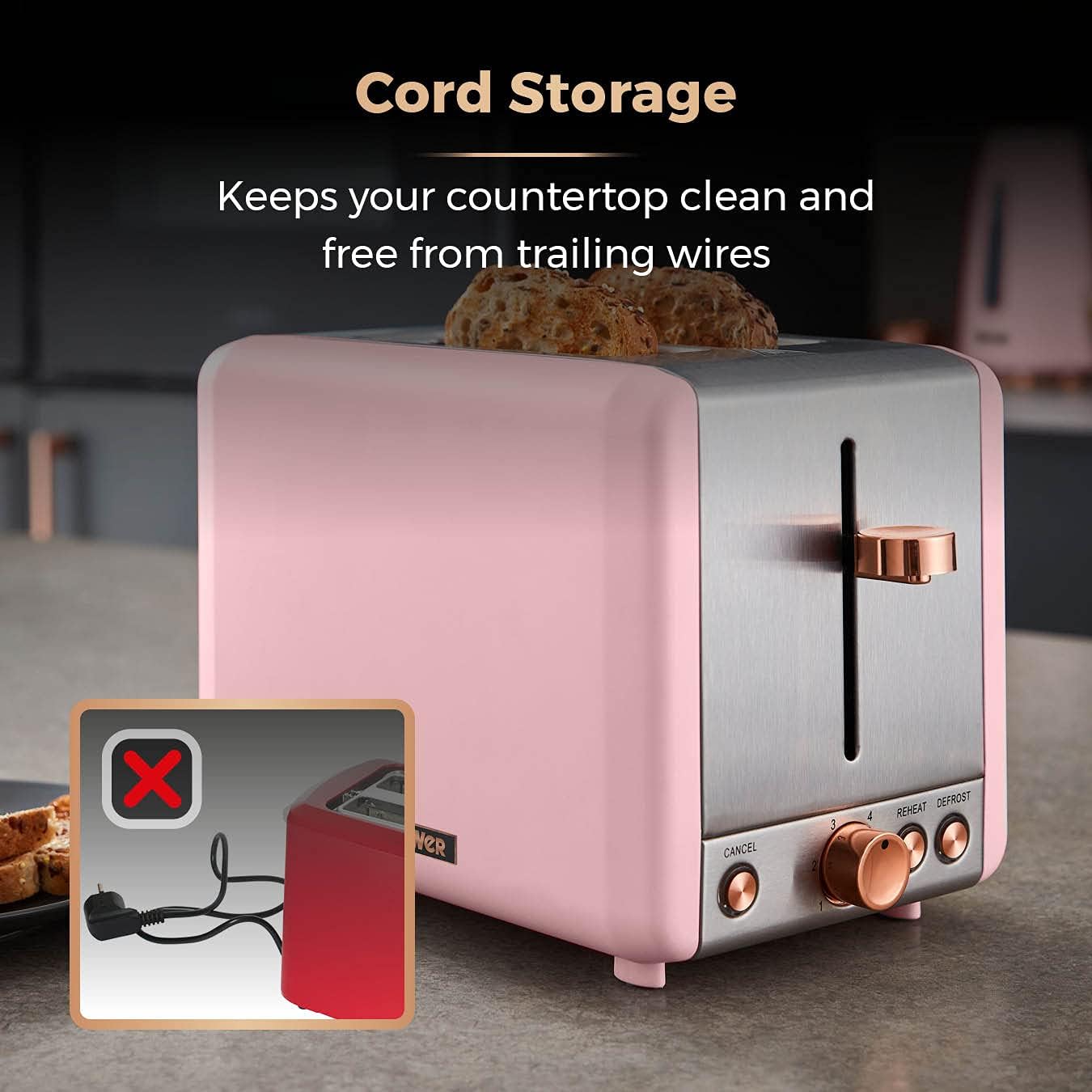 Tower T20036PNK Cavaletto 2-Slice Toaster with Defrost/Reheat, Stainless Steel, 850 W, Marshmallow Pink and Rose Gold