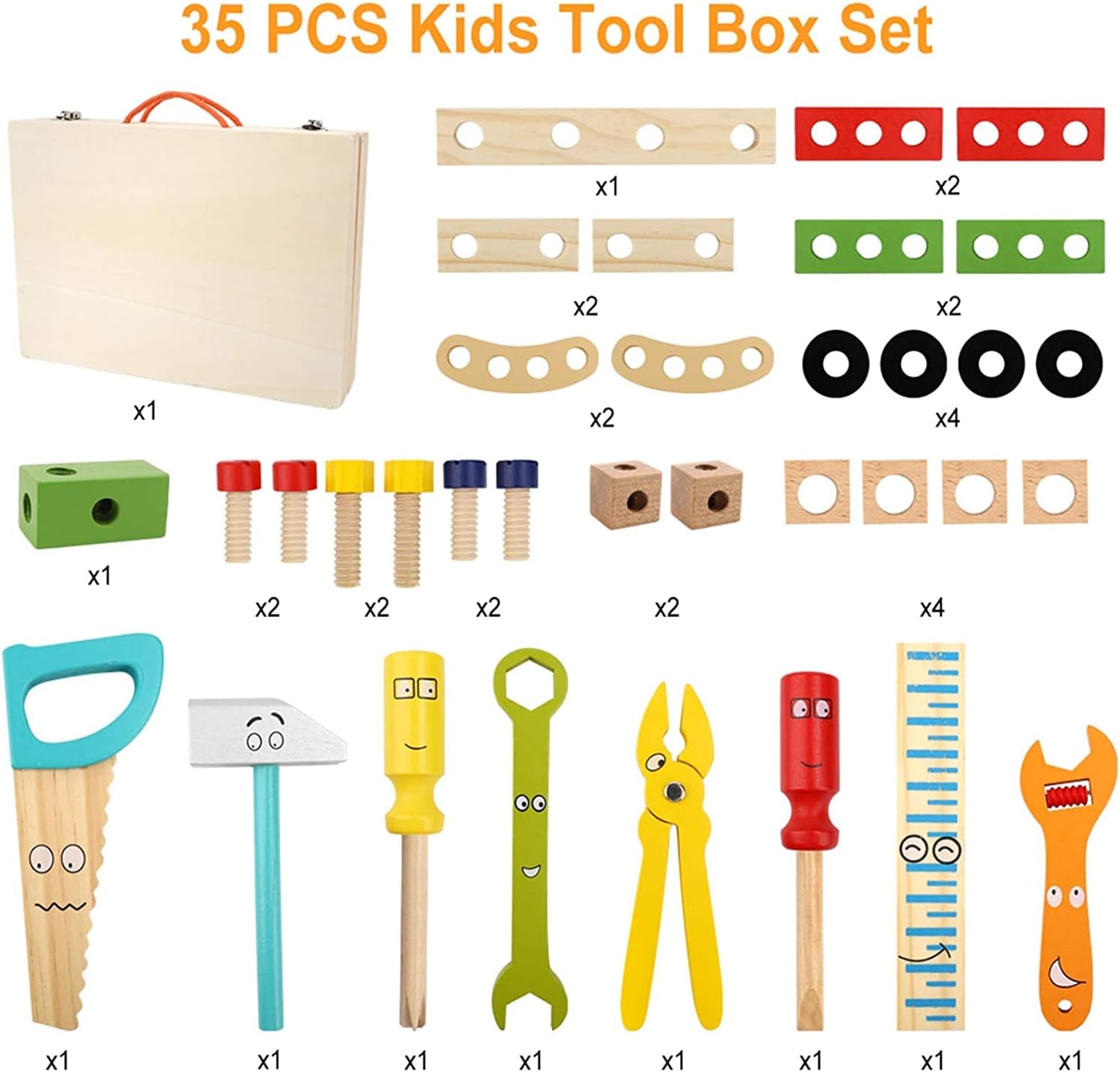 Arabest Kids Tool Kit, Wooden Tool Box, Construction Playset, Educational STEM Construction Toys, Ramadan Birthday Gifts for 2-6 Years Old Toddler Boys Girls (Cartoon)