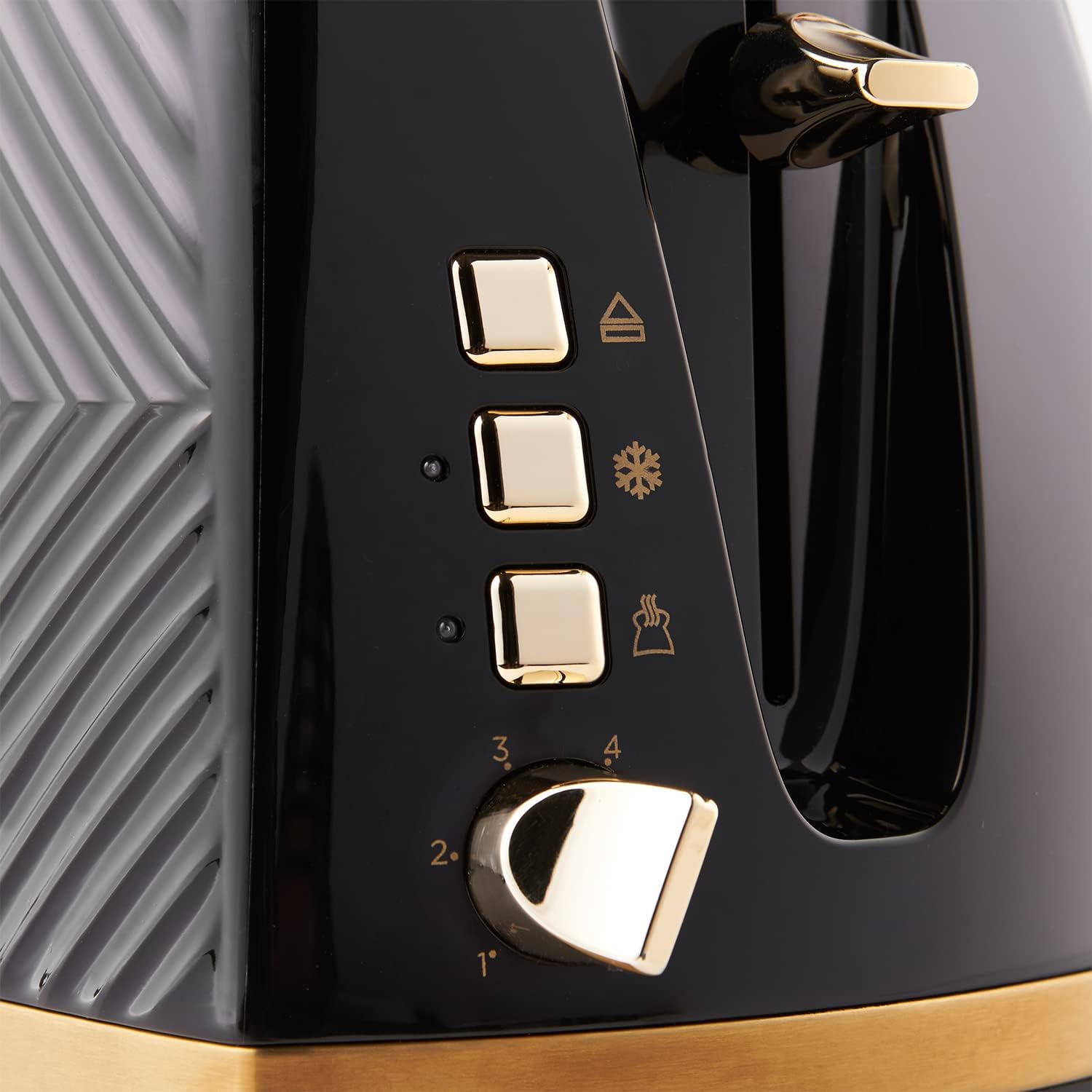 Russell Hobbs Groove 2 Slice Toaster (High Lift, Extra Wide Slots, 6 Browning levels, Frozen/Cancel/Reheat function - Illuminated buttons, Removable crumb tray, 850W, Black, Brushed gold accents)26390