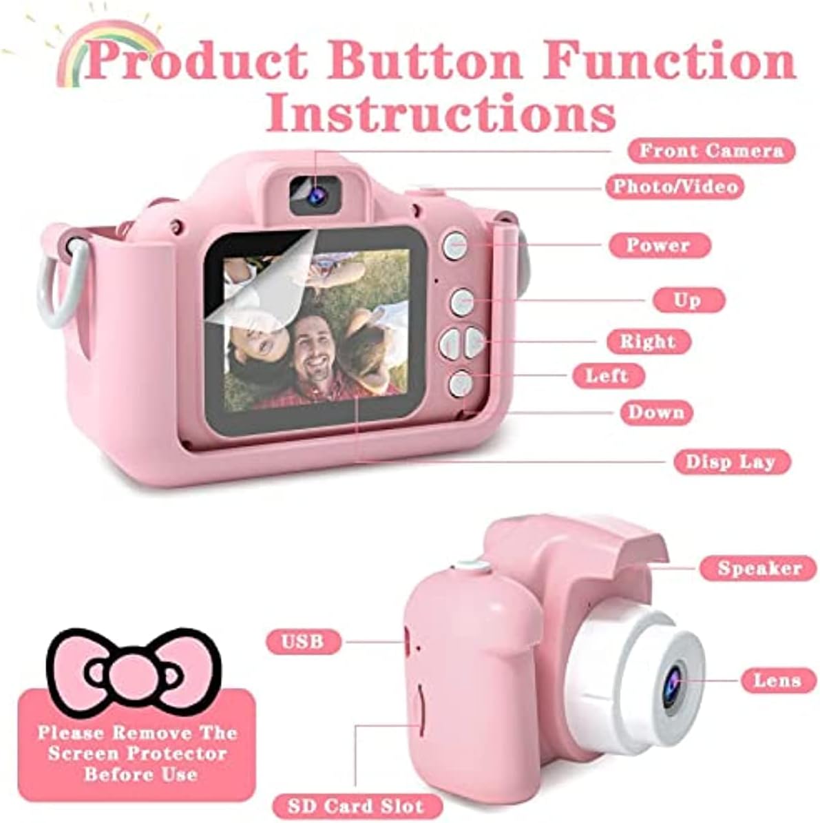 Malay Kids Camera,1080P HD Digital Video Camera Toy for 3-12 Year Old Boys/Girls, Birthday Festival Gifts for Kids,USB Rechargeable Kids Selfie Camera with 32GB SD Card and card reader(Pink)