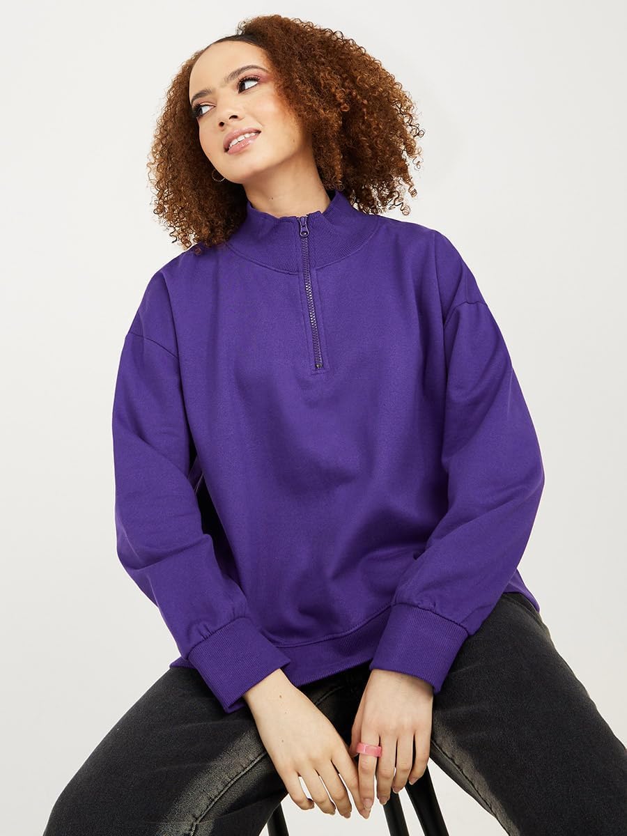 Styli Women Regular Length High Neck Half Zip Oversized Sweatshirt