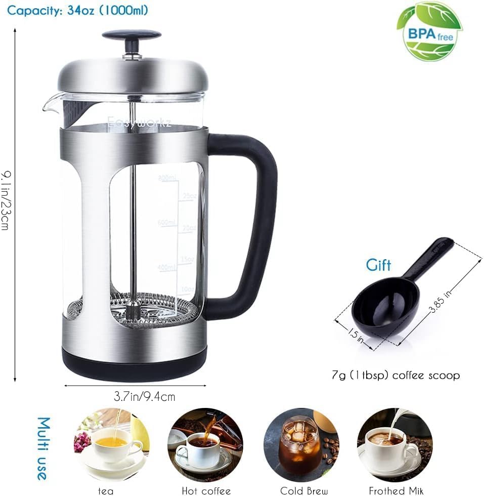 Easyworkz Stainless Steel French Press 1000 ml Coffee Tea Maker,Soft Grip Handle