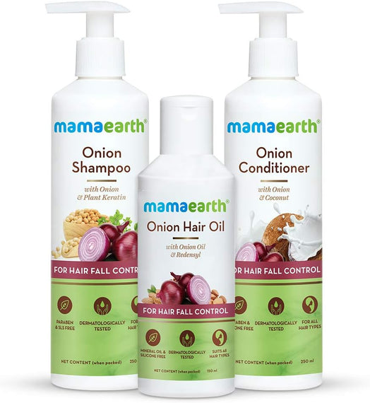 Mamaearth Anti Hair Fall Spa Range with Onion Hair Oil, Onion Shampoo and Onion Conditioner 3-Pieces