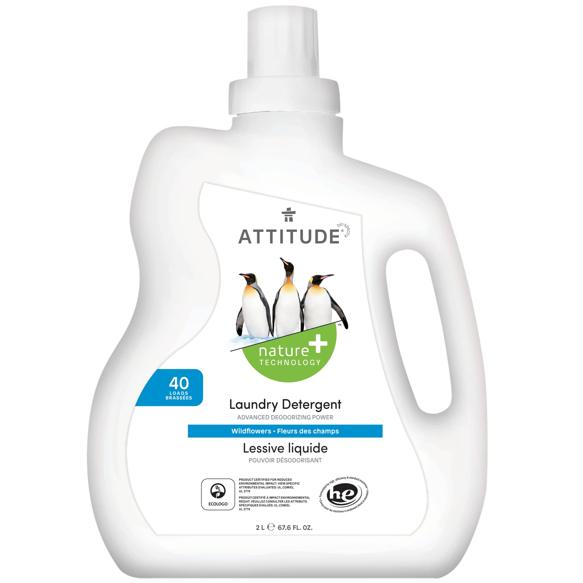 ATTITUDE Laundry Detergent, Plant and Mineral-Based Ingredients, HE, Vegan and Cruelty-free Laundry Products, 40 Loads, Wildflowers, 2 Liters