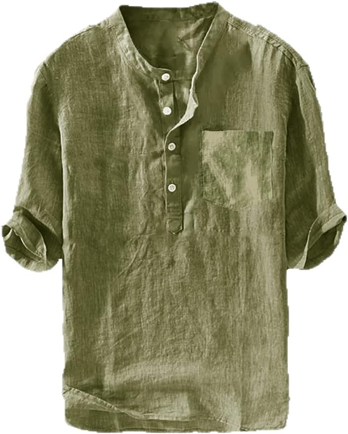 Mens Linen Shirts Casual 3/4 Sleeve Henley Cotton T-Shirt Loose Fit Summer Clothes Lightweight Beach Yoga Tops