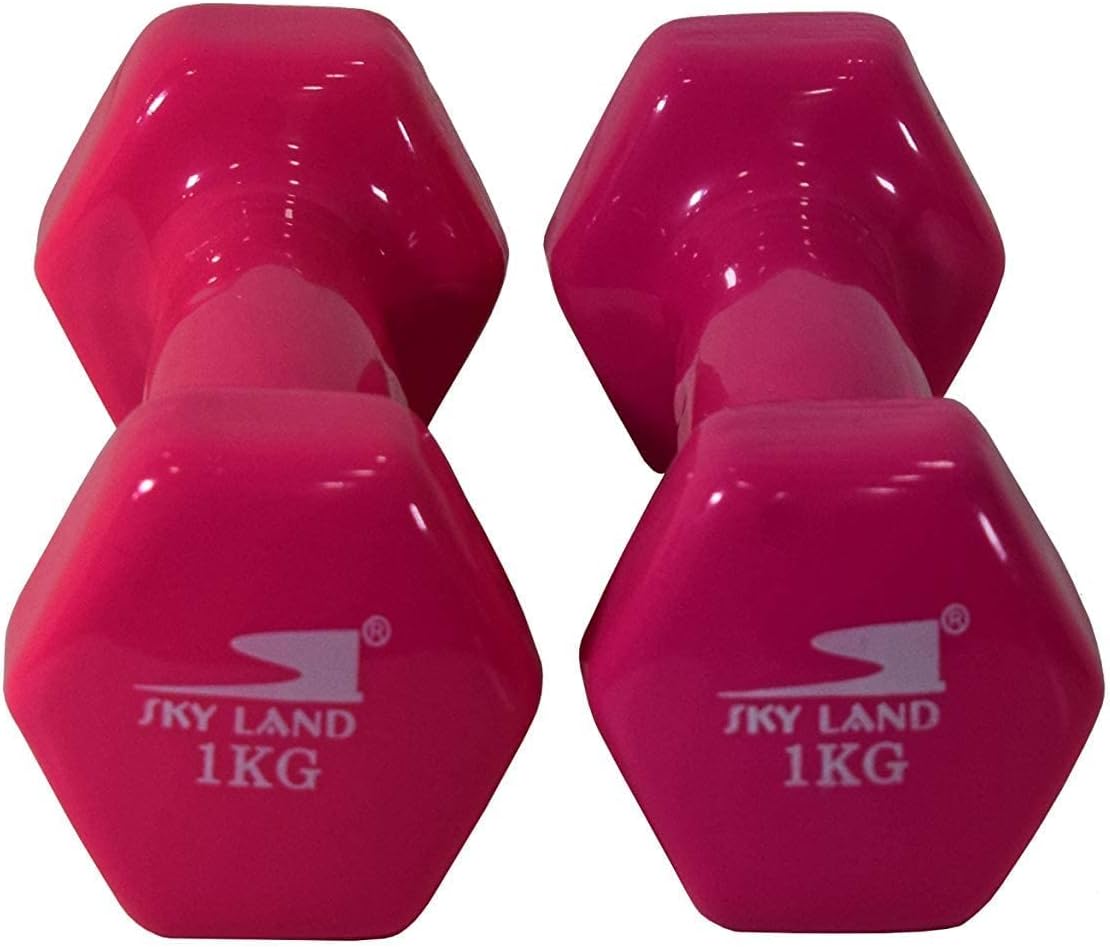 SKY LAND Classical Head Vinyl Dumbbells/Hand Weights Pair/Vinyl Coated Dumbbells for Home Gym, Exercise & Fitness Equipment Workouts/Strength Training/1Kg Dumbbells X 2 Pink/EM-9219-1