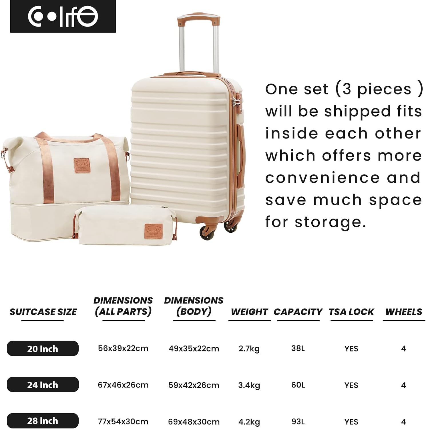 COOLIFE Suitcase Trolley Carry On Hand Cabin Luggage Hard Shell Travel Bag Lightweight with TSA Lock,The Suitcase Included 1pcs Travel Bag and 1pcs Toiletry Bag (White/Brown, 28 Inch Luggage Set)