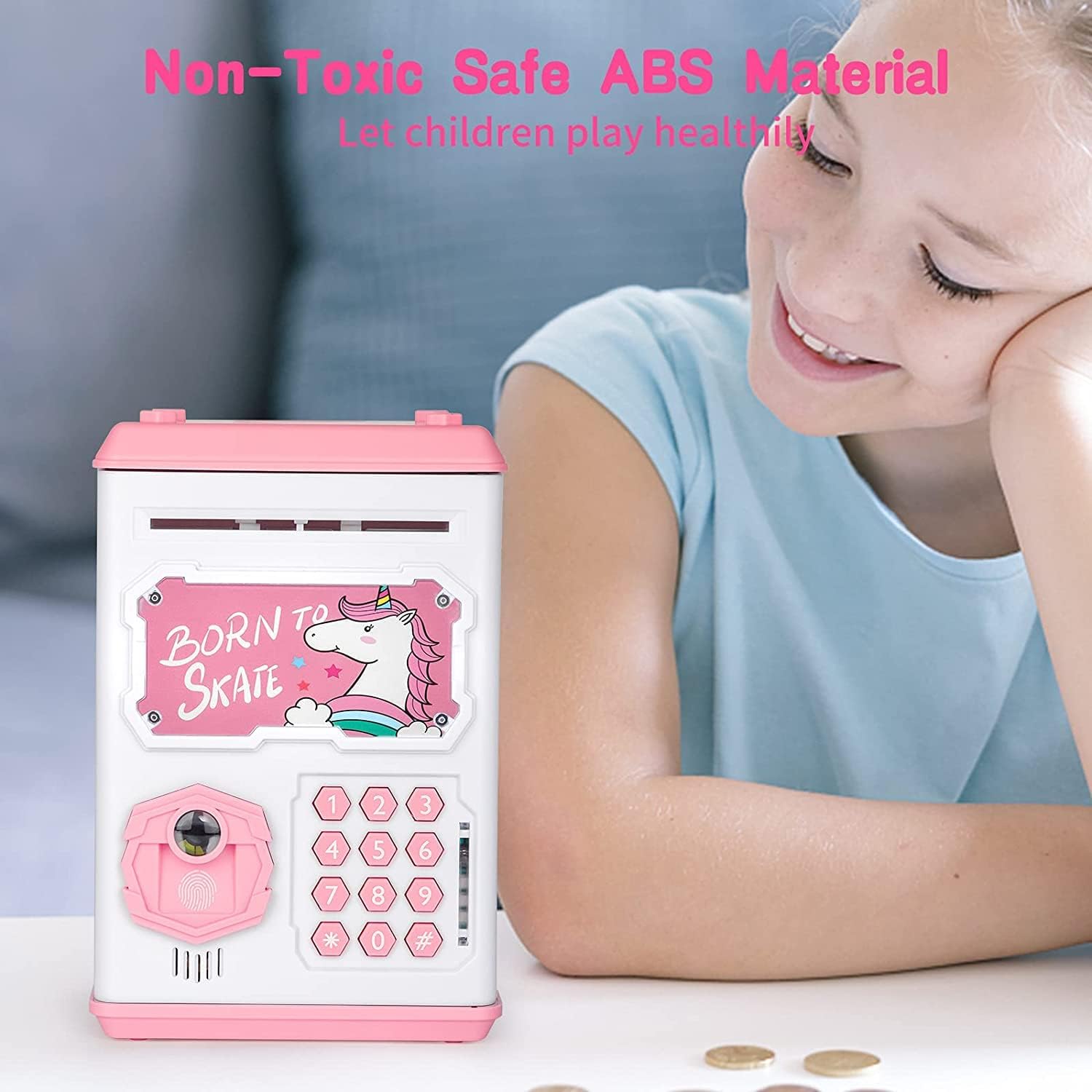 Arabest Piggy Bank, Great Unicorn Toys Gifts for Girls Boys Kids, Electronic Mini ATM Cash Coin Bank Money Saving Box with Face & Fingerprint Recognition, Password, Auto Scroll