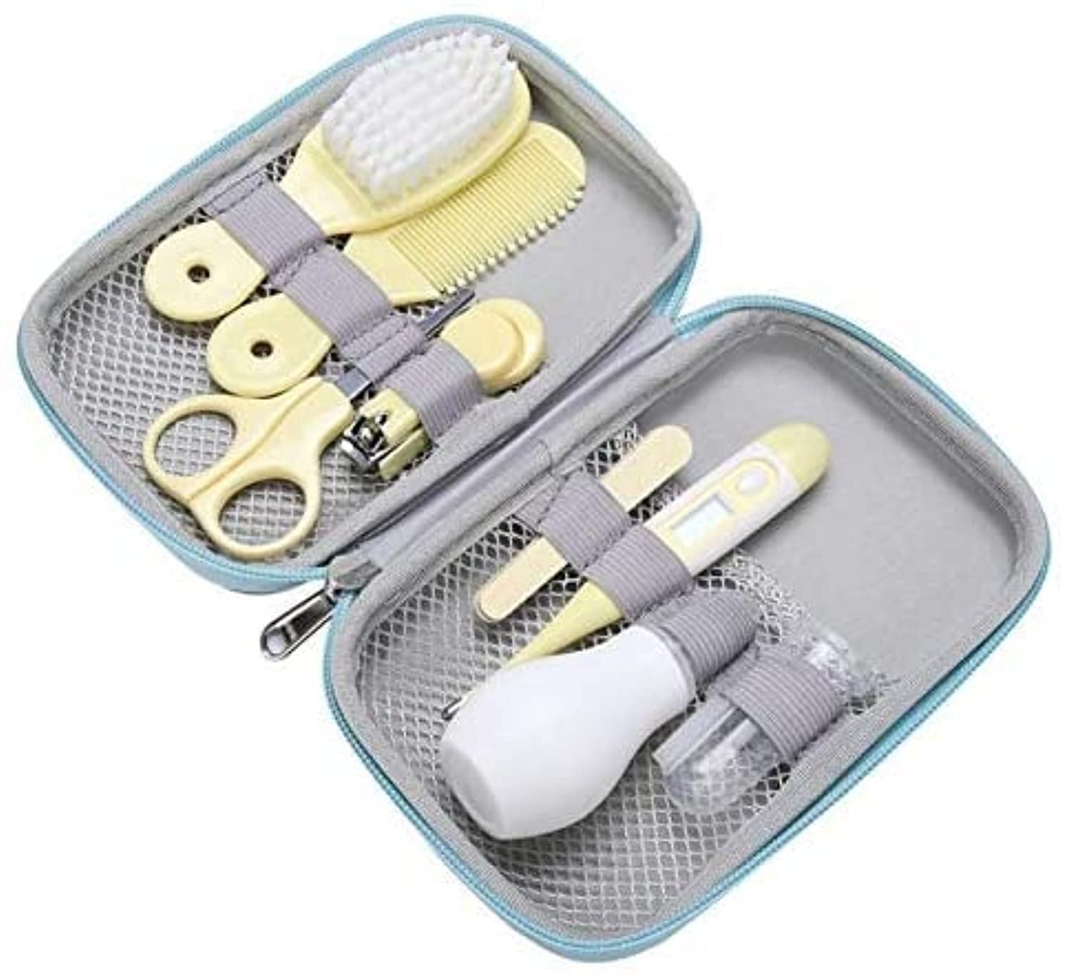 Baby Care Kit, 8Pcs Convenient Healthcare Grooming Set Nail Clipper Manicure Safety Scissors Nose Cleaner Hair Brush Comb Essential Daily Care Bathing Tool for Toddler Infant (Yellow)