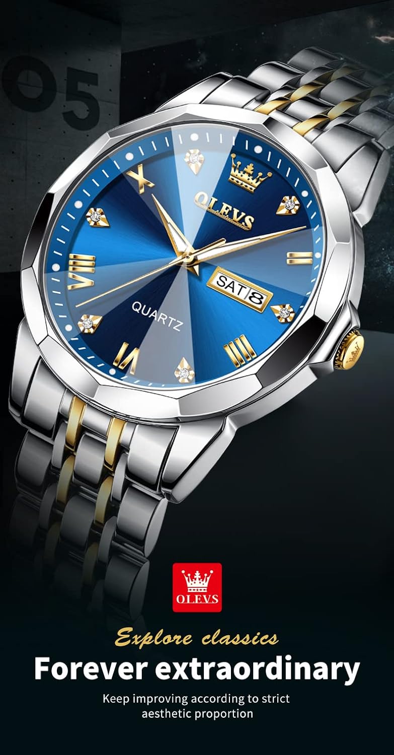 OLEVS Watch for Men Waterproof Blue Dial Mens Dress Watches Luxury Two Tone Stainless Steel Wrist Watch with Day Date, Fashion Classic Classic Sports Quartz Watch Big Face…