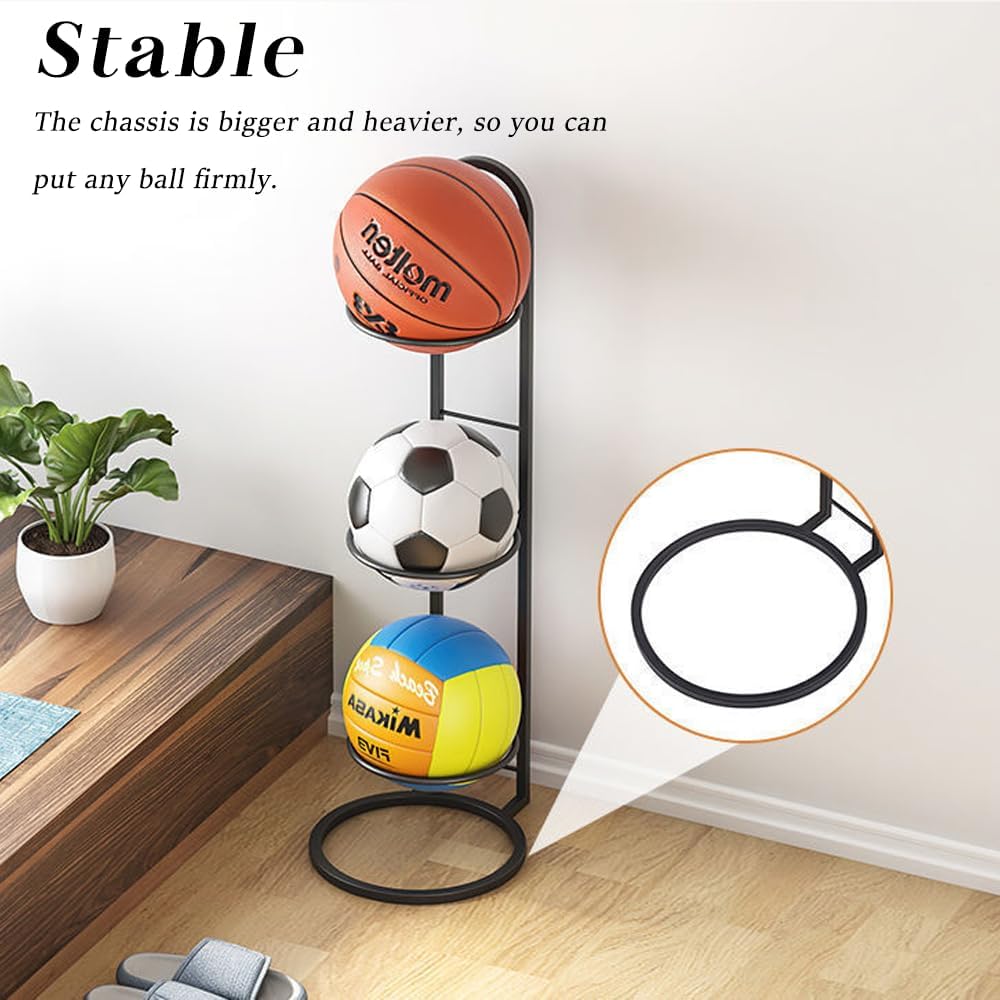 Owving Basketball Rack Home Basketball Organizer Freestanding 3 Tier Storage Holder Indoor Outdoor Movable Vertical Display Stand for Volleyball Football Basketball