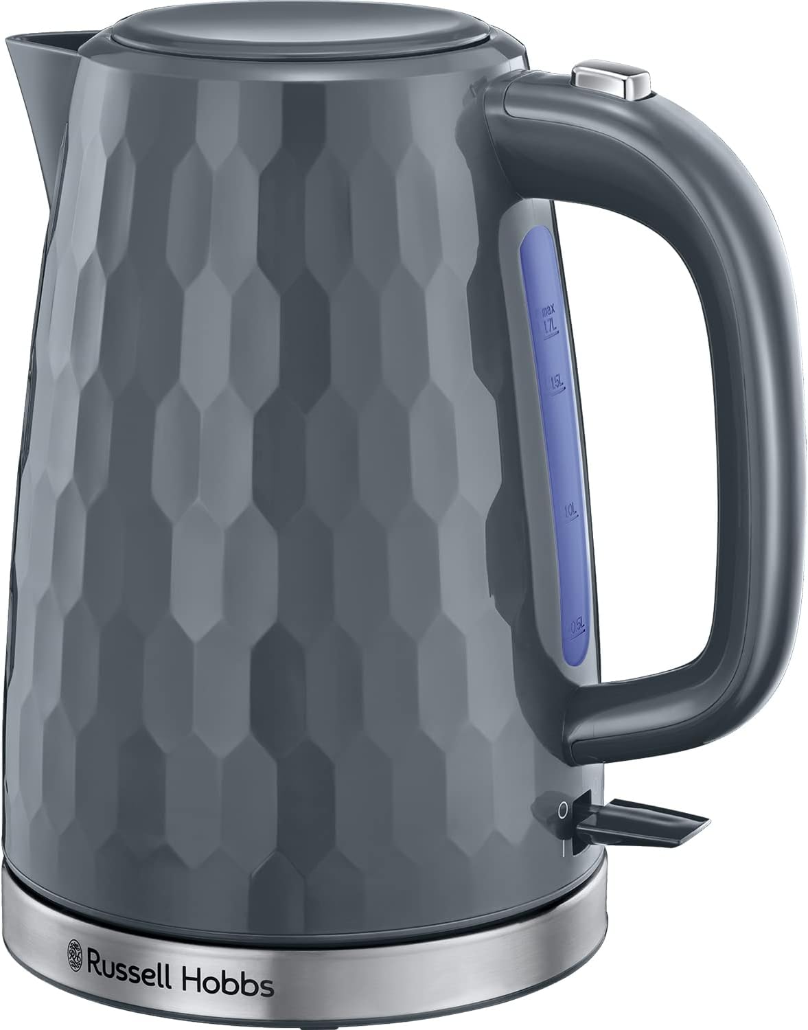 Russell Hobbs Honeycomb Electric 1.7L Cordless Kettle (Fast Boil 3KW, Grey premium plastic, matt & high gloss finish, Removable washable anti-scale filter, Push button lid, Perfect pour spout) 26053