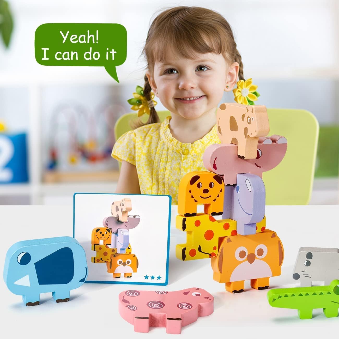 XICEN Montessori Toys for 2-4 Year Olds, 10 Wooden Animal Blocks, Animal Color Sorting and Stacking Toys for Toddlers 2-4 Years Old, for Girls Boys.