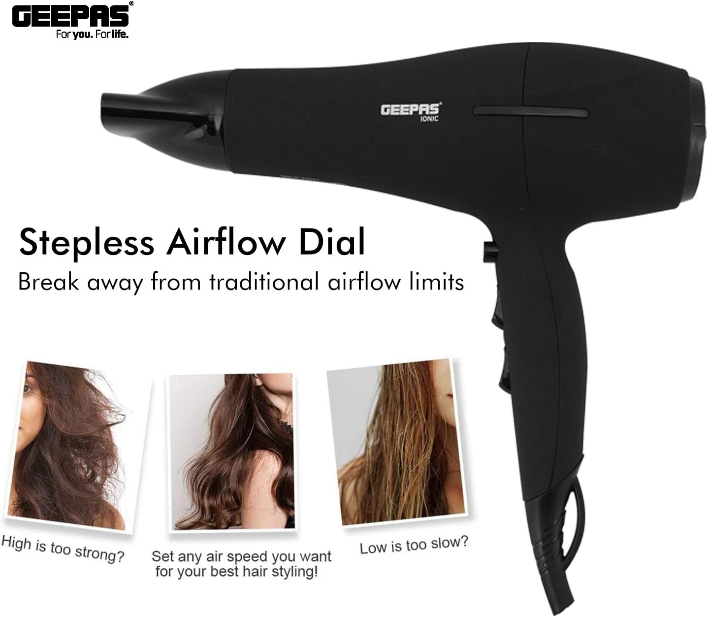 Geepas Ionic Hair Dryer – Professional Conditioning Hair Dryer for Frizz Free Styling with Concentrator - 2-Speed & 3 Temperature Settings, Cool Shot Function – 2200W - Powerful 2-Years Warranty