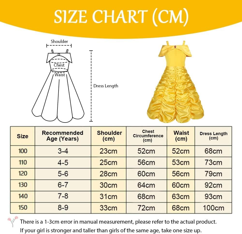 Princess Belle Fancy Dress Up Party Costumes Dresses, Princess Belle Costume Dress, Costume Dress with Crown Wand Gloves Necklace Ring and Earrings, Suitable for Cosplay, Girls Party (Yellow)