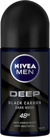NIVEA MEN Antiperspirant Roll-on for Men, 48h Protection, DEEP Black Carbon Antibacterial, Woody Scent, 50ml