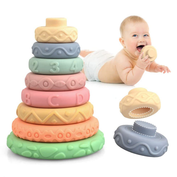 Arabest 8pcs Soft Building Blocks, Baby Stacking and Nesting Toys, Silicone Stacking Rings Toy Stacker, Natural Baby Toys, Educational Squeeze Teether Sensory Montessori Toys for Babies 6 12 Months