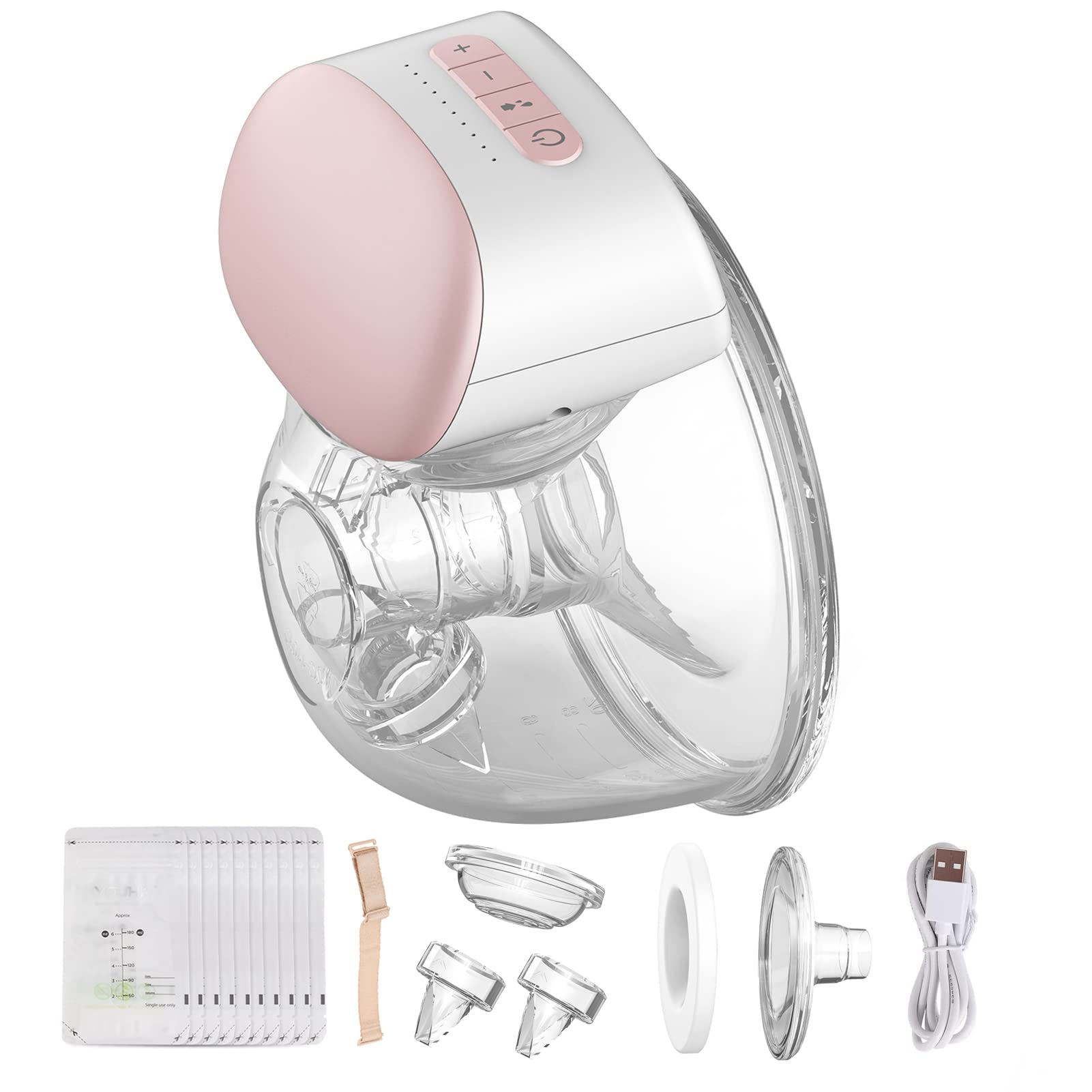 Morelian Wearable Electric Breast Pump Hands Free Portable Breast Cup 8oz/240ml BPA-free 3 Modes 10 Suction Levels with 24mm Flange + 1pcs Bra Adjustment Buckles + 10pcs Breastmilk Storage Bags