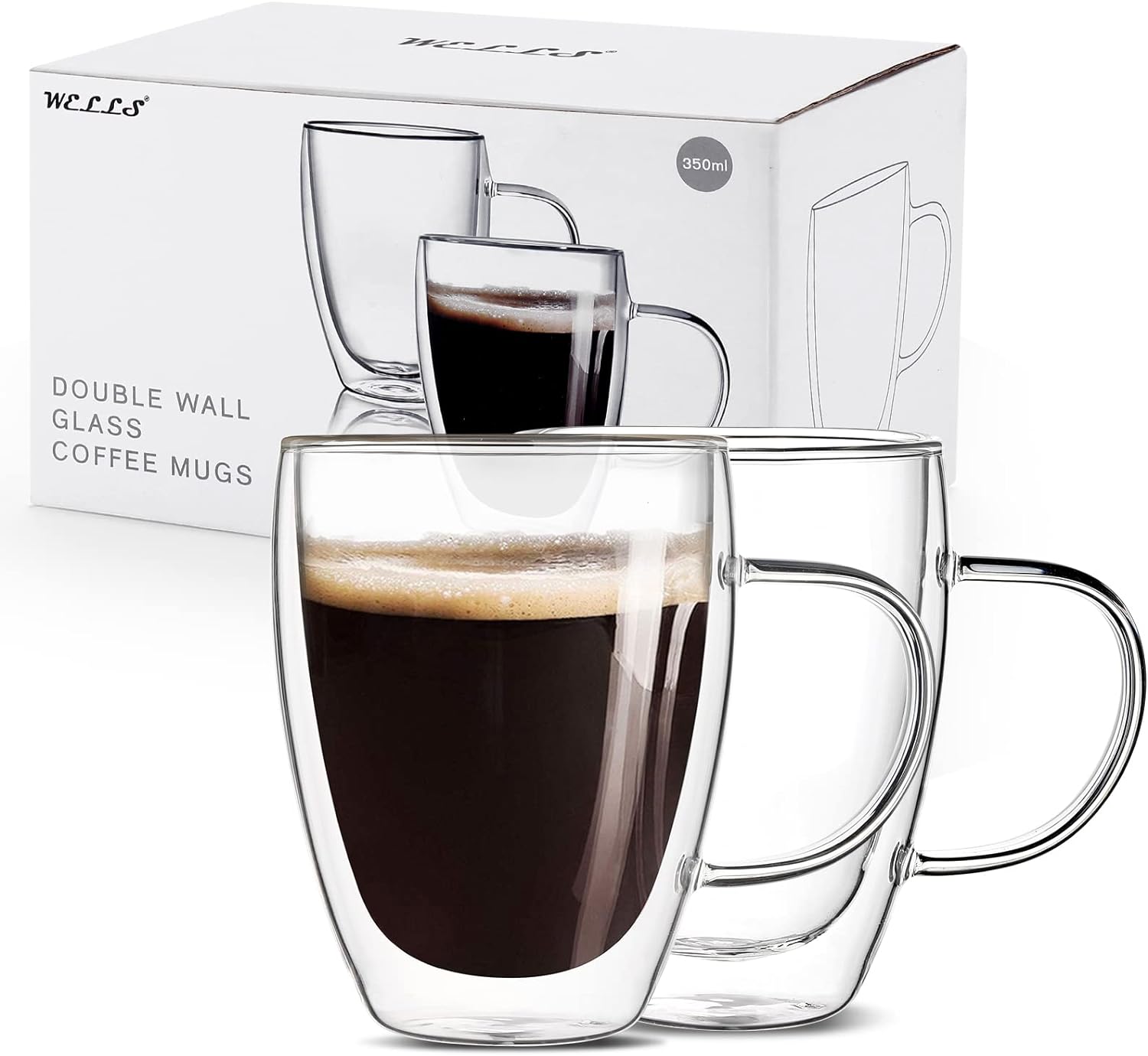 12 Oz Double Walled Glass Coffee Mugs with Handle Set of 2,Insulated Layer Coffee Cups,Clear Borosilicate Glass Mugs,Christmas Gift for Cappuccino,Tea,Latte,Espresso,Hot Beverage,Wine