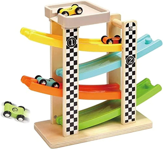 Montessori Toy for 1-3 Years Old Boys and Girls, Kid Wooden Race Track Car, Toddler Ramp Racer Set with 4 Mini Cars & 4 Ramps, Perfect for Babies' Birthday Gifts, Visit Gifts