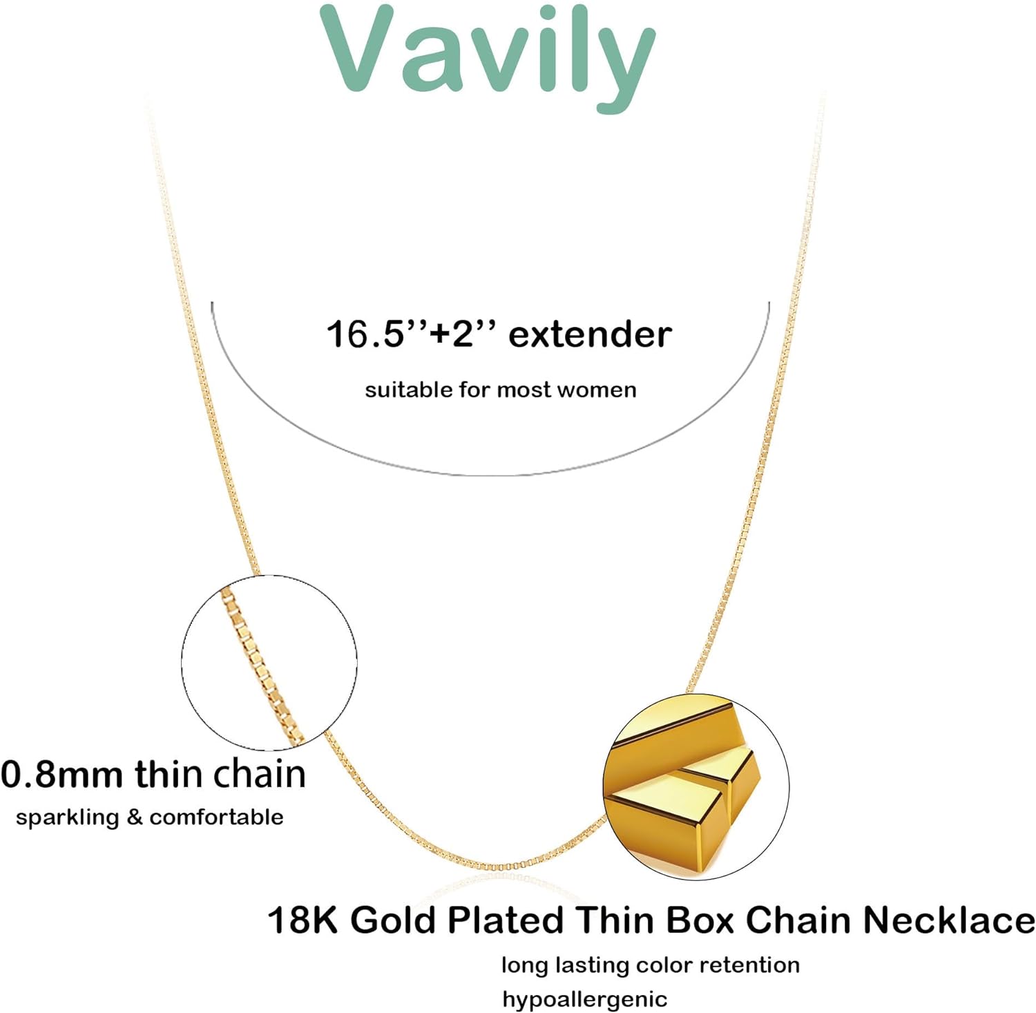 Vavily Minimalist Thin Gold Chain 18K Gold Thin Box Chain Necklace Short Small Gold Chain Choker Necklaces for Women