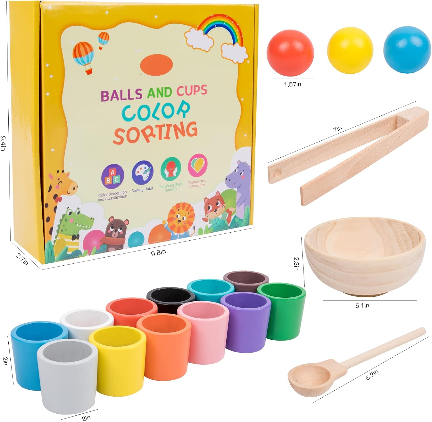 Auvewilo Wooden Balls and Cups Color Sorting Montessori Toy, Educational Wood Toy Set with 12 Cups, 12 Large 4cm Balls, Bowl, Spoon, and Tong