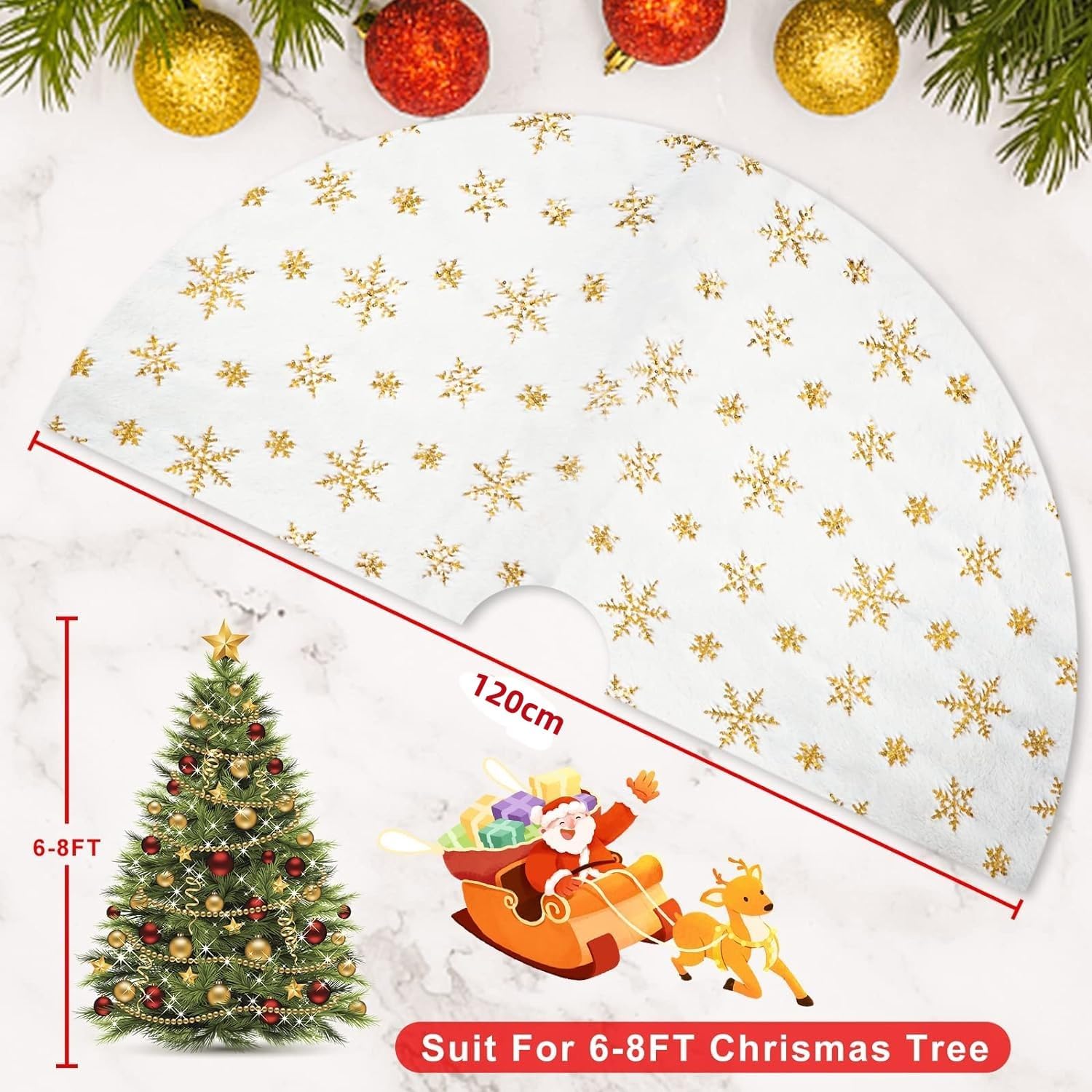 Pretocter Large Christmas Tree Skirt for Christmas Decorations Luxury Soft Plush Faux Fur Christmas Tree Mat Snowflakes Tree Skirt Xmas Tree Ornaments for Xmas Party Holiday Decorations 120CM-Gold