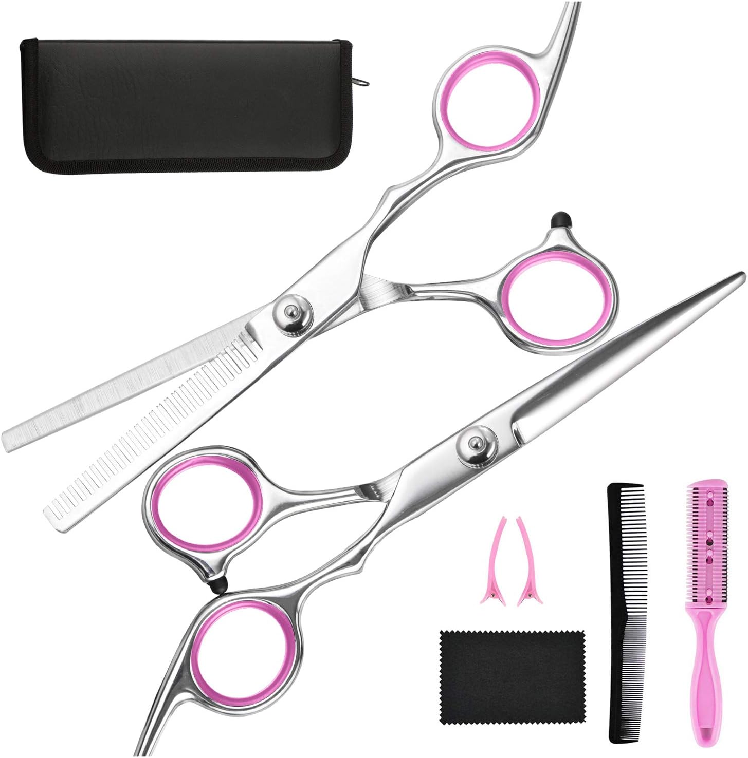 Hair Cutting Scissors Thinning Shears- Fcysy Professional Barber Sharp Hair Scissors Hairdressing Shears Kit with Haircut Accessories in Leather Case for Cutting Styling Hair for Women Men Pet- 7 Pcs