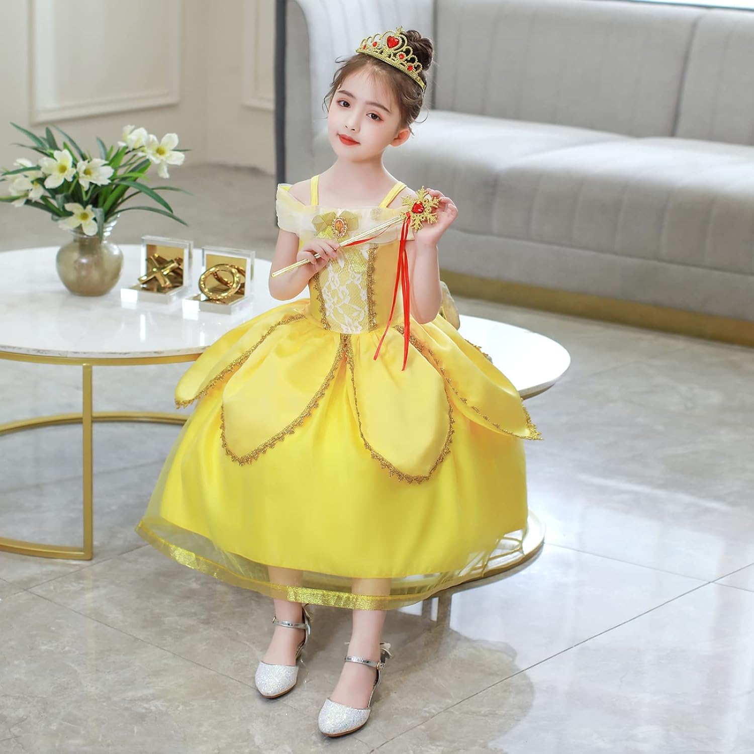 NOVOLAN Girls Princess Dress Children Princess Cosplay Dress Kids Party Attire, 4 Layer Skirt Yellow Short-Sleeved Long Dress, Costumes for Girls Castle Princess Style, Height 90cm-160cm