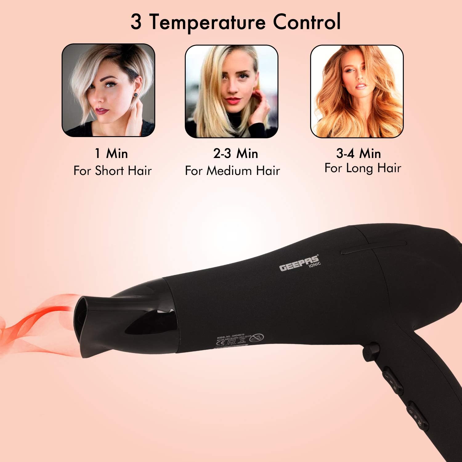 Geepas Ionic Hair Dryer – Professional Conditioning Hair Dryer for Frizz Free Styling with Concentrator - 2-Speed & 3 Temperature Settings, Cool Shot Function – 2200W - Powerful 2-Years Warranty