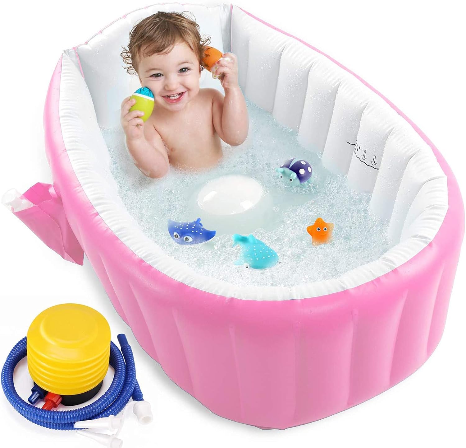 UUHOME Baby Inflatable Bathtub, Portable Infant Toddler Bathing Tub Non Slip Travel Bathtub Mini Air Swimming Pool Kids Thick Foldable Shower Basin with Air Pump (Pink)