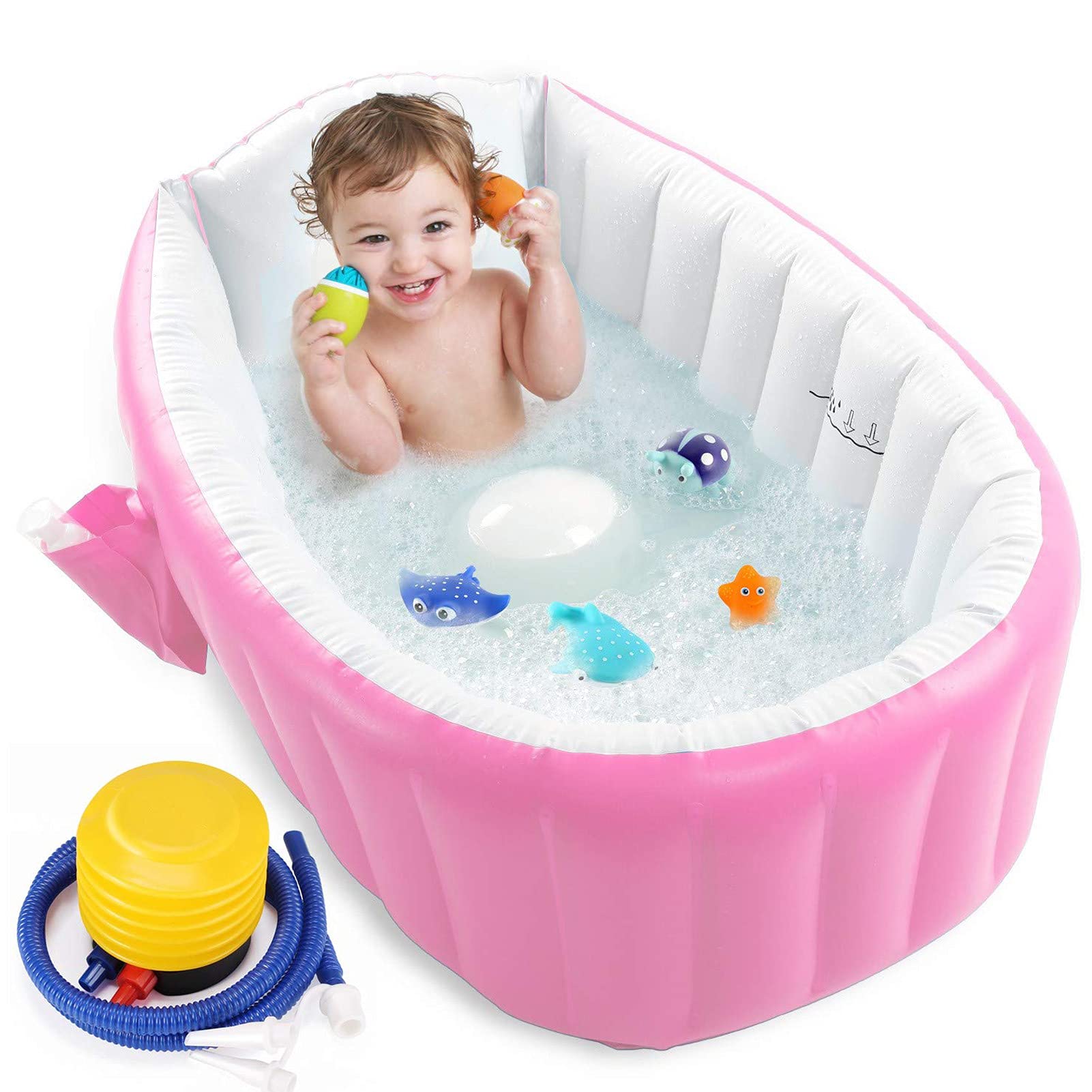 UUHOME Baby Inflatable Bathtub, Portable Infant Toddler Bathing Tub Non Slip Travel Bathtub Mini Air Swimming Pool Kids Thick Foldable Shower Basin with Air Pump (Pink)