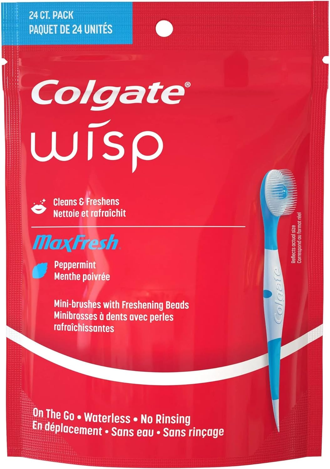 Colgate Max Fresh Wisp Disposable Mini Toothbrush for Adults, Peppermint Flavor, Built-in Tongue Scraper, 24 Count