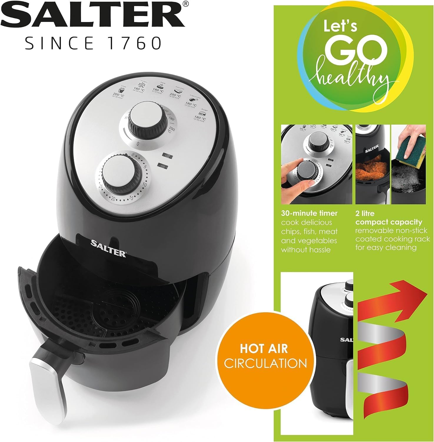 Salter EK2817 2L Compact Air Fryer - Hot Air Circulation, Removable Non-Stick Cooking Rack, Adjustable Temperature Up To 200°C, 30 Minute Timer, 1000W, Small Household Air Fry Oven, Black/Silver