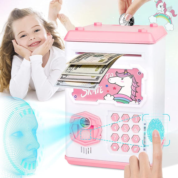 Arabest Piggy Bank, Great Unicorn Toys Gifts for Girls Boys Kids, Electronic Mini ATM Cash Coin Bank Money Saving Box with Face & Fingerprint Recognition, Password, Auto Scroll